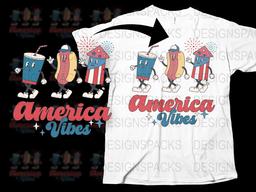 America Vibes T-Shirt, Patriotic Drink and Snack Cartoon Graphics, Fun Summer Fashion, Unisex Casual Wear