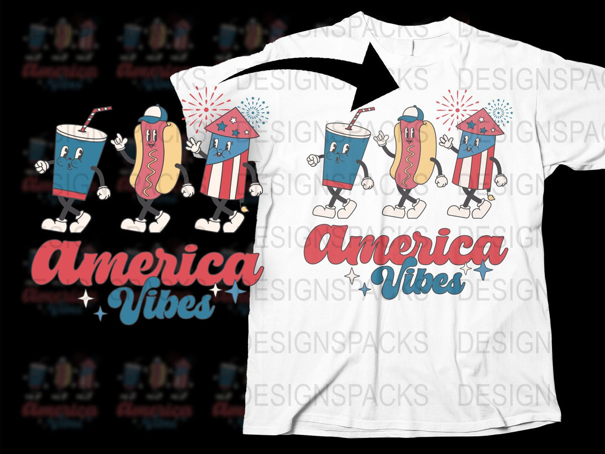 America Vibes T-Shirt, Patriotic Drink and Snack Cartoon Graphics, Fun Summer Fashion, Unisex Casual Wear
