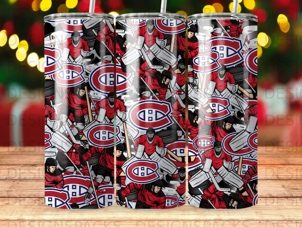 Collage of Montreal Canadiens hockey player graphics on a stainless steel tumbler.