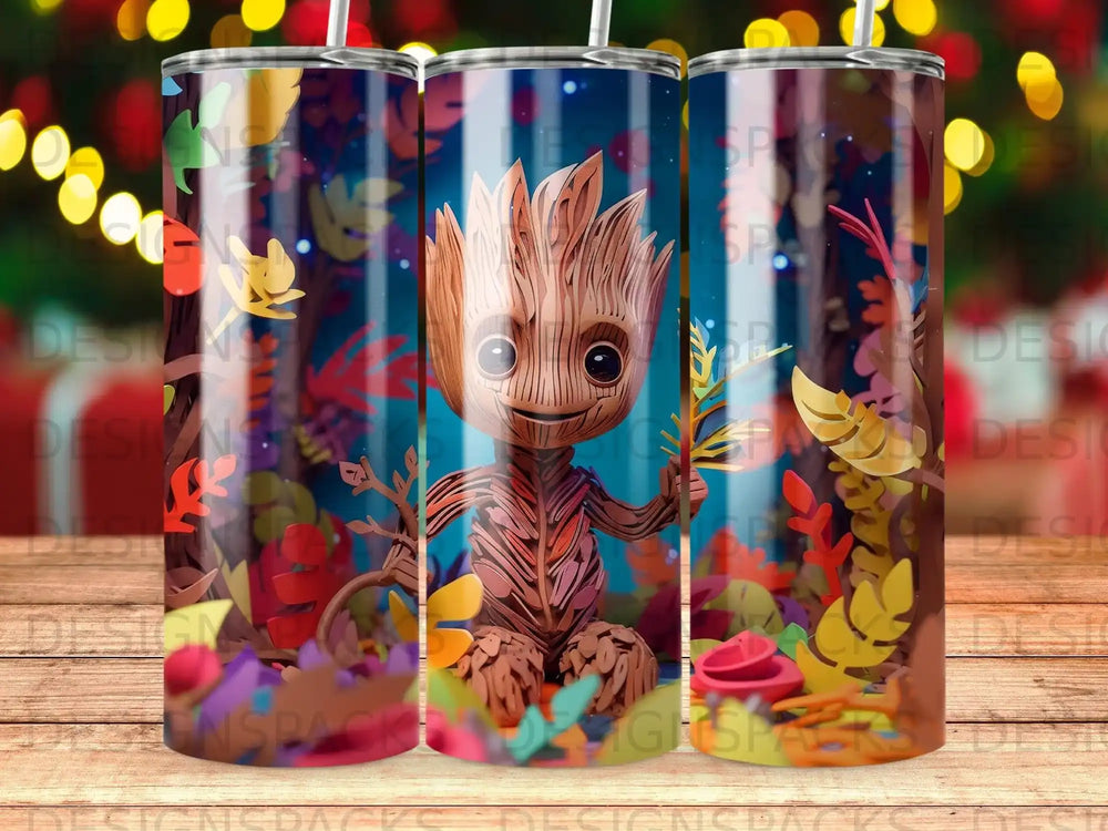 Baby Groot character with autumn leaves on a blue background, repeated three times.