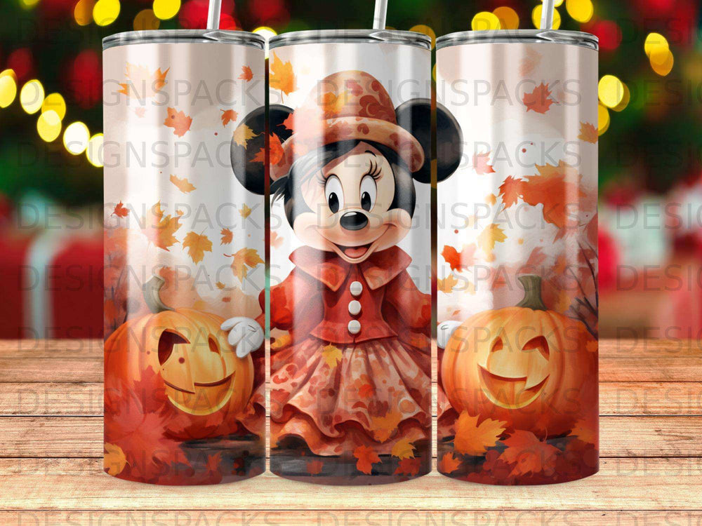 Minnie Mouse in a pumpkin-themed dress, surrounded by autumn leaves.