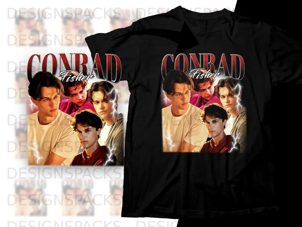 T-shirt with Conrad Fisher graphic and lightning bolt accents.
