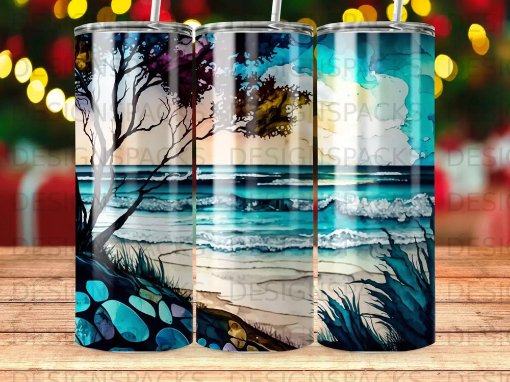 Watercolor beach scene with waves, shoreline, and trees.
