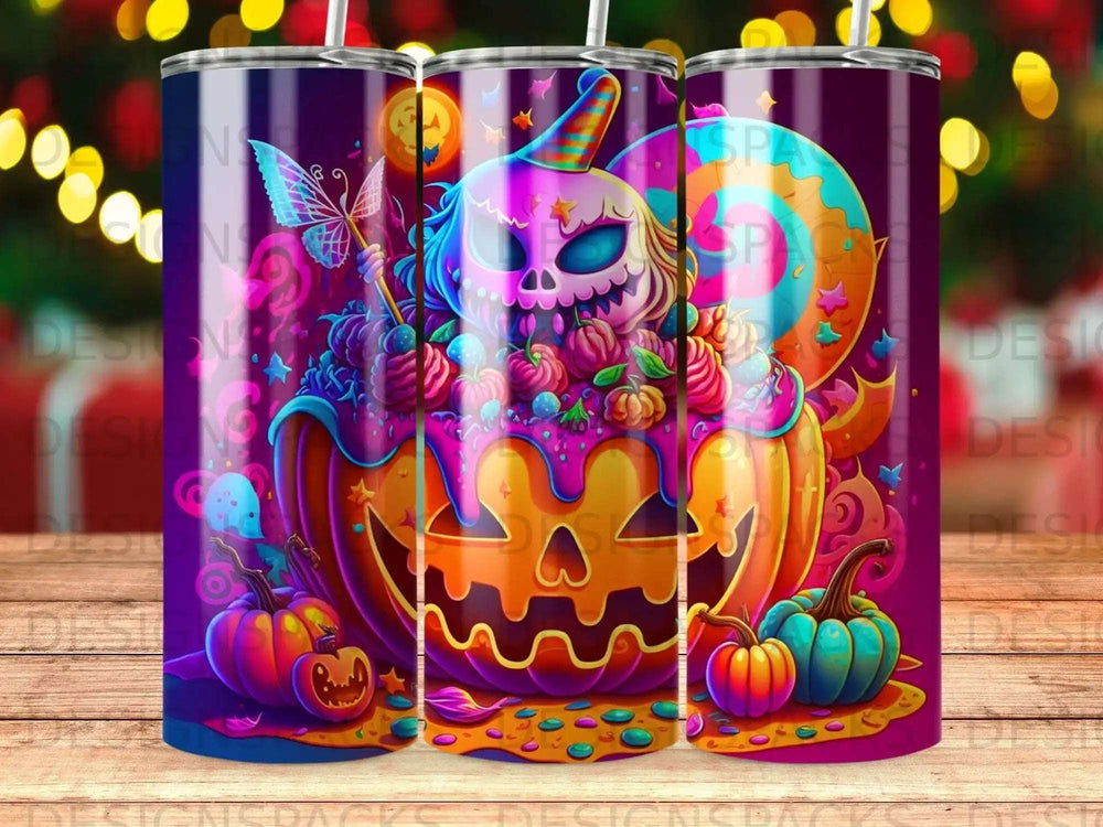Halloween pumpkin with skull face, candy, and pumpkins, on a purple gradient tumbler.