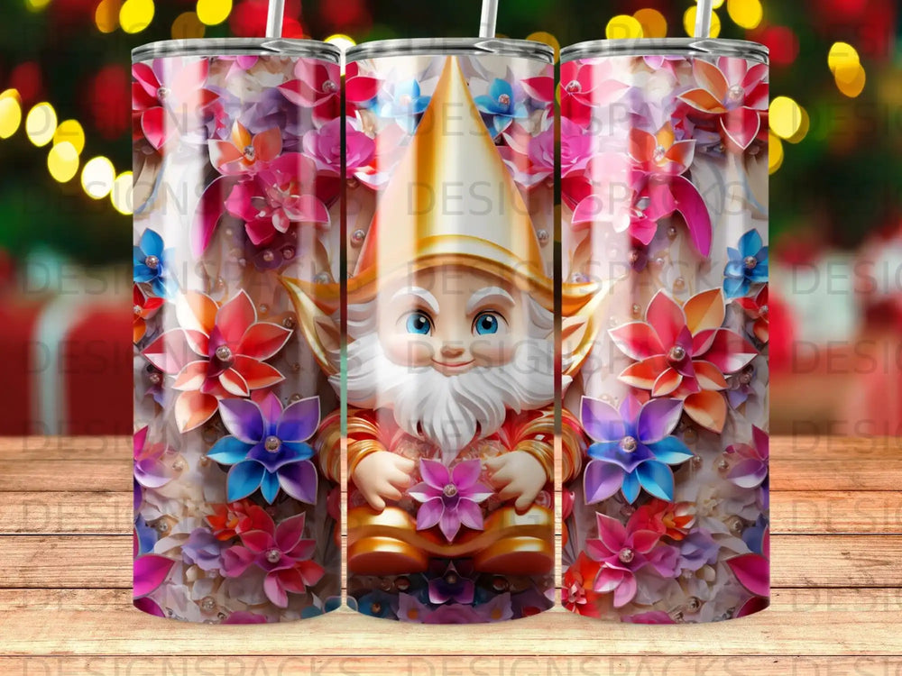 Gnome holding flower bouquet, surrounded by vibrant floral patterns.