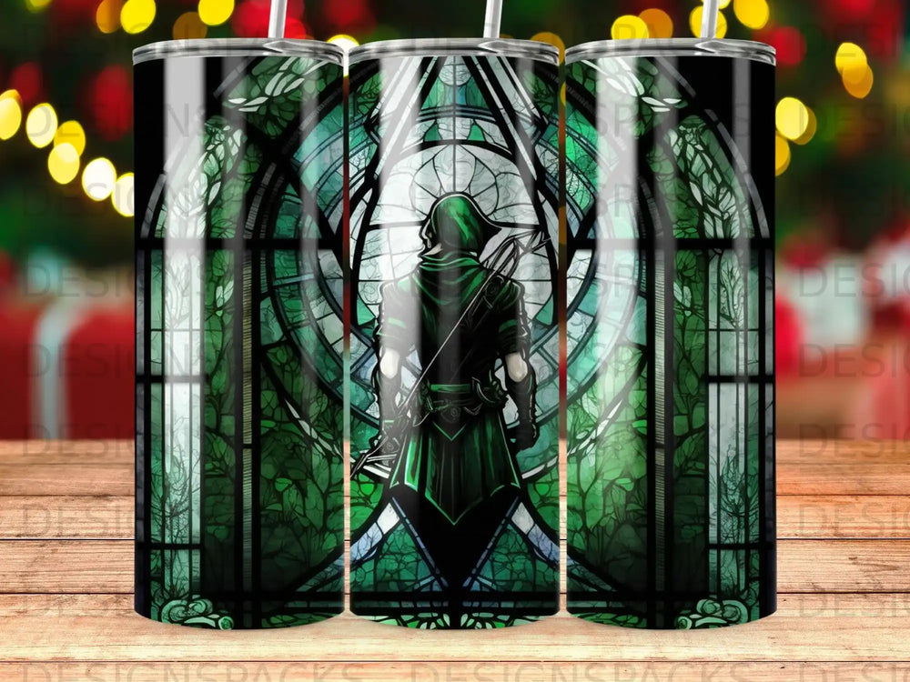 Green Arrow character silhouetted against a stained glass window in green and black.