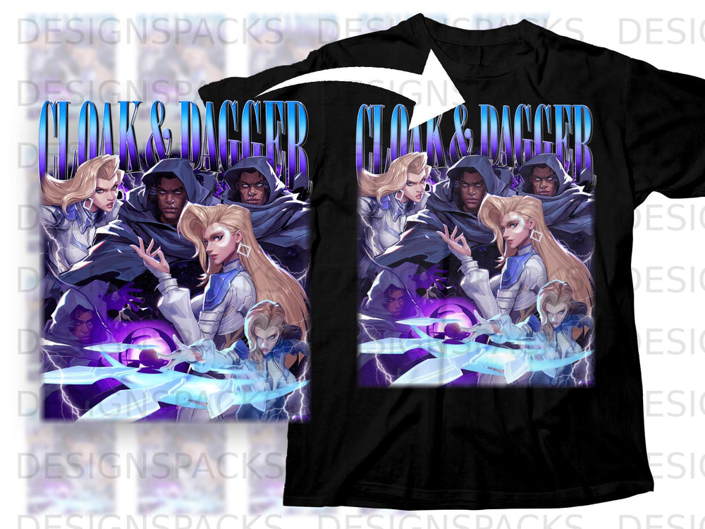 Black t-shirt with "Cloak & Dagger" title and characters on front.