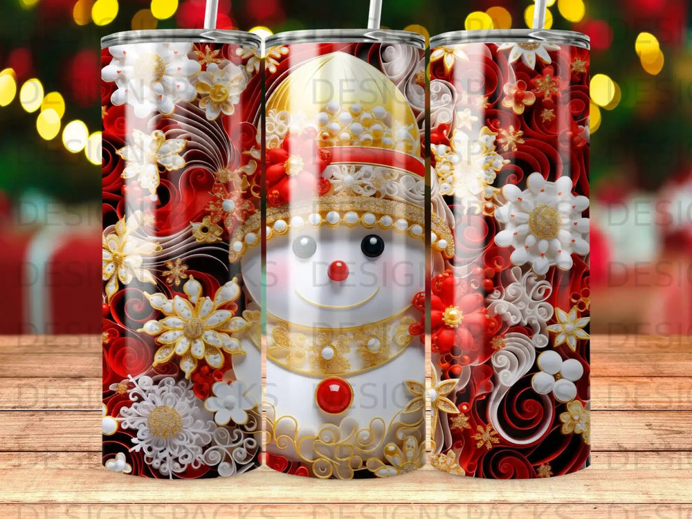 Christmas snowman tumbler with festive red and white floral design.