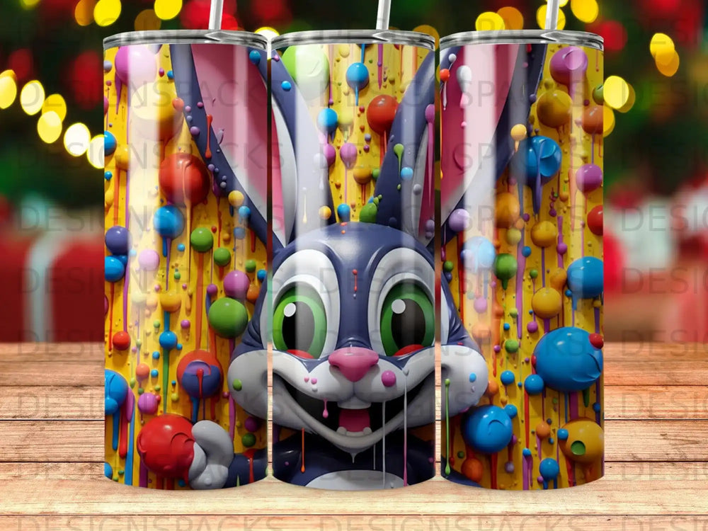 Blue bunny with colorful bubbles and confetti on a yellow background.