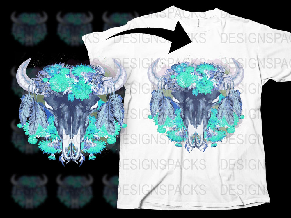 Bohemian Bull Skull T-Shirt, Floral Horns Graphic Tee, Unisex Retro Style Top, Unique Gift Idea