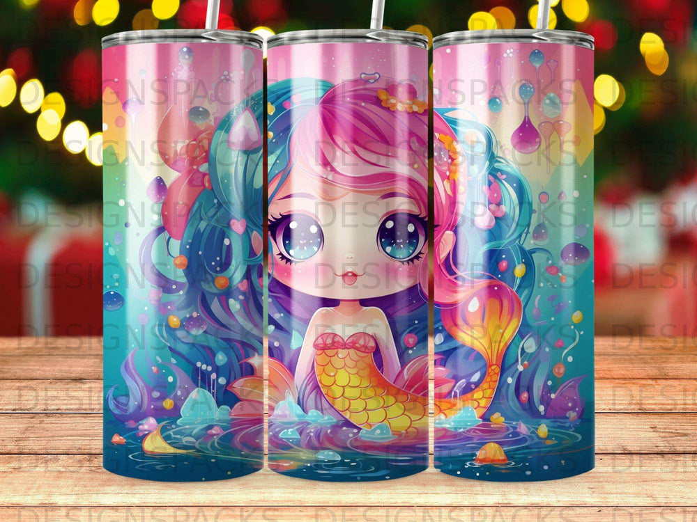 Mermaid with colorful hair and tail in a whimsical underwater scene.