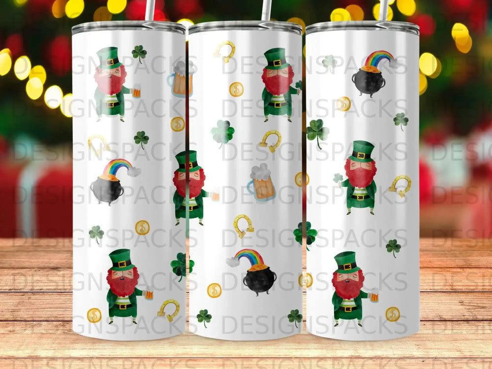 Three tumblers with a St. Patrick's Day-themed design of leprechauns and rainbows.