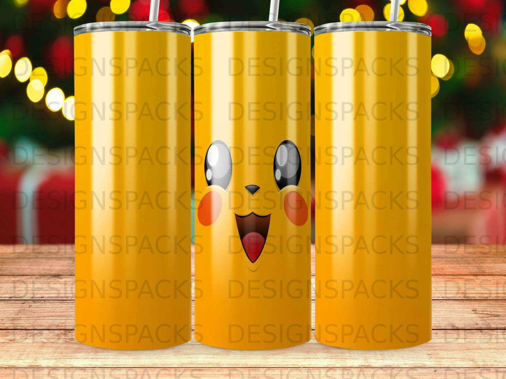 Three orange tumblers with cartoon character faces, repeating logo text across the background.