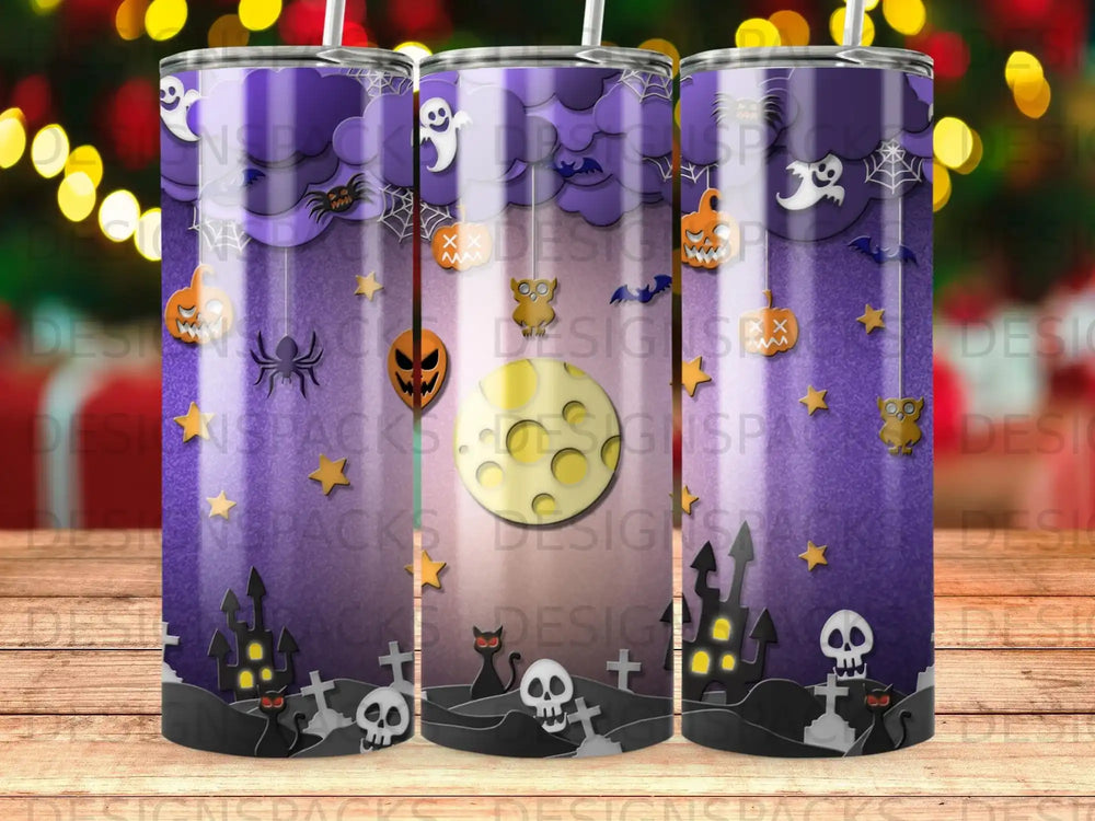 Halloween tumbler wraps with spooky castles, bats, ghosts, and pumpkins.