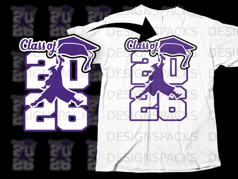 Purple "Class of 2026" graduation design on a white t-shirt.