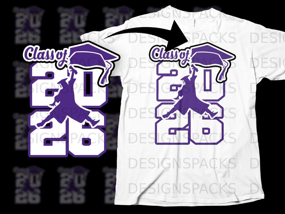 Purple "Class of 2026" graduation design on a white t-shirt.