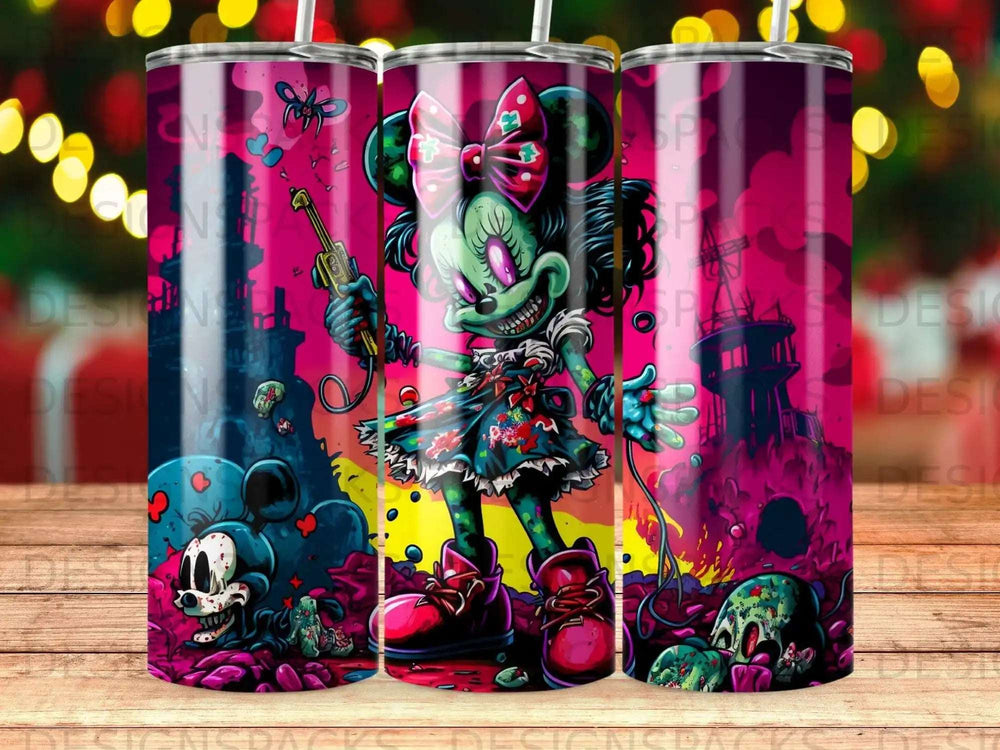 Zombie Minnie Mouse in spooky scene with skulls and a skeleton mouse.