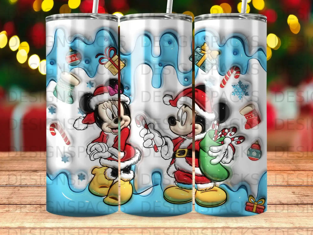 Minnie and Mickey Mouse in festive Santa outfits with candy canes and gifts.