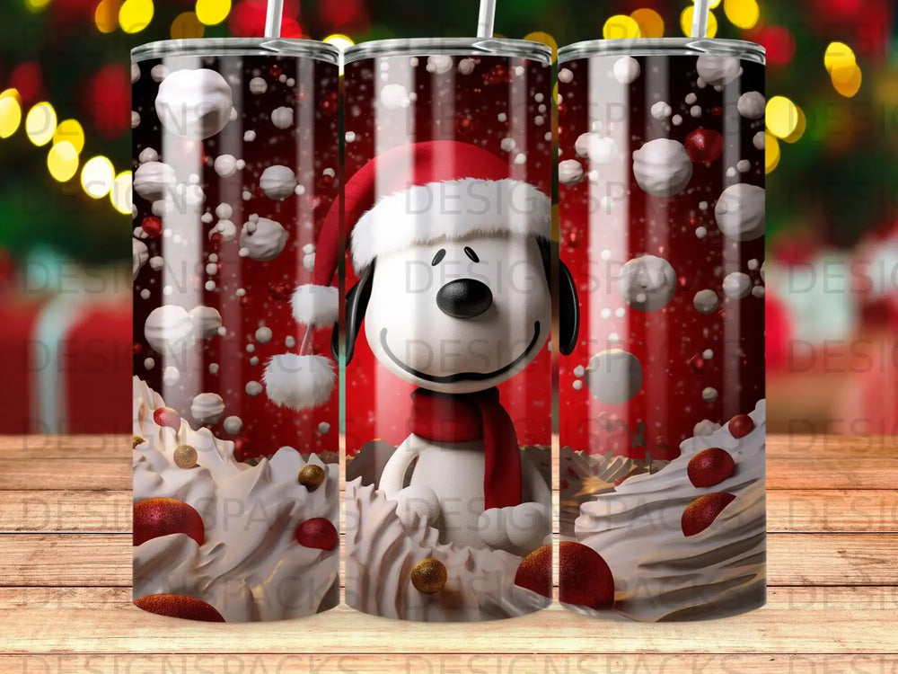Cartoon dog wearing Santa hat and scarf, surrounded by whipped cream and berries.