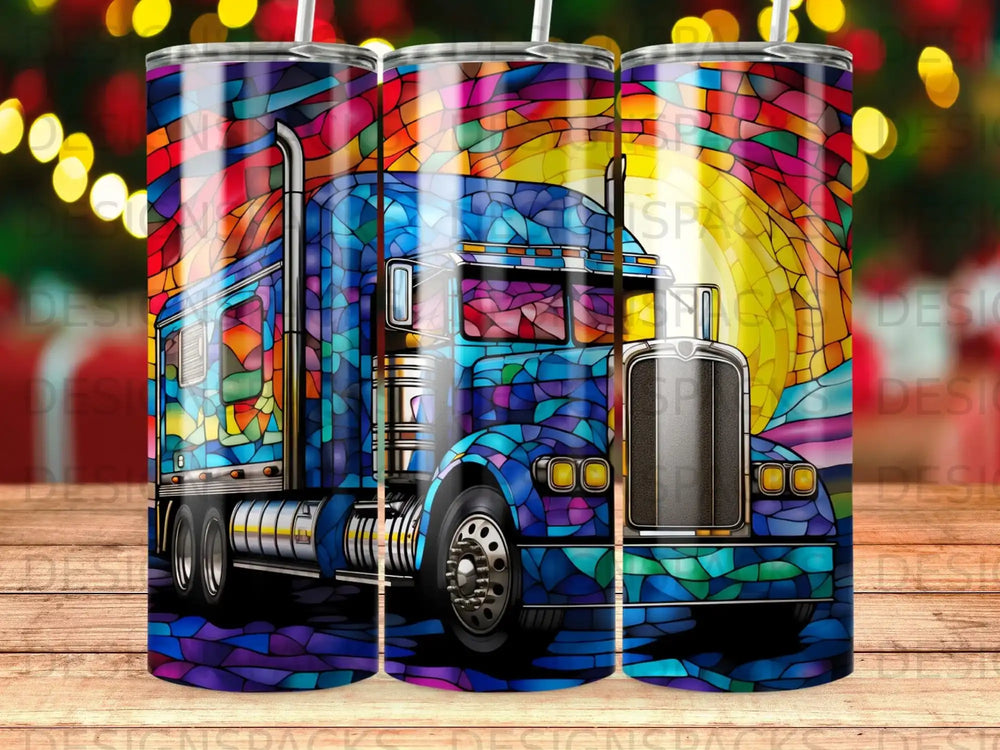 Blue semi-truck with stained glass pattern on a colorful background.