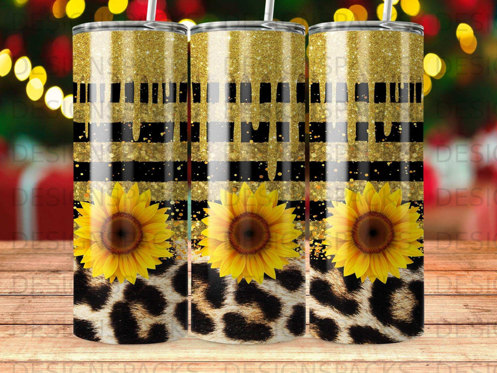 Sunflower and leopard print tumbler with black and gold stripes.