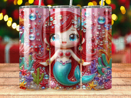 Cute cartoon mermaid with pink hair and blue tail surrounded by sea life.