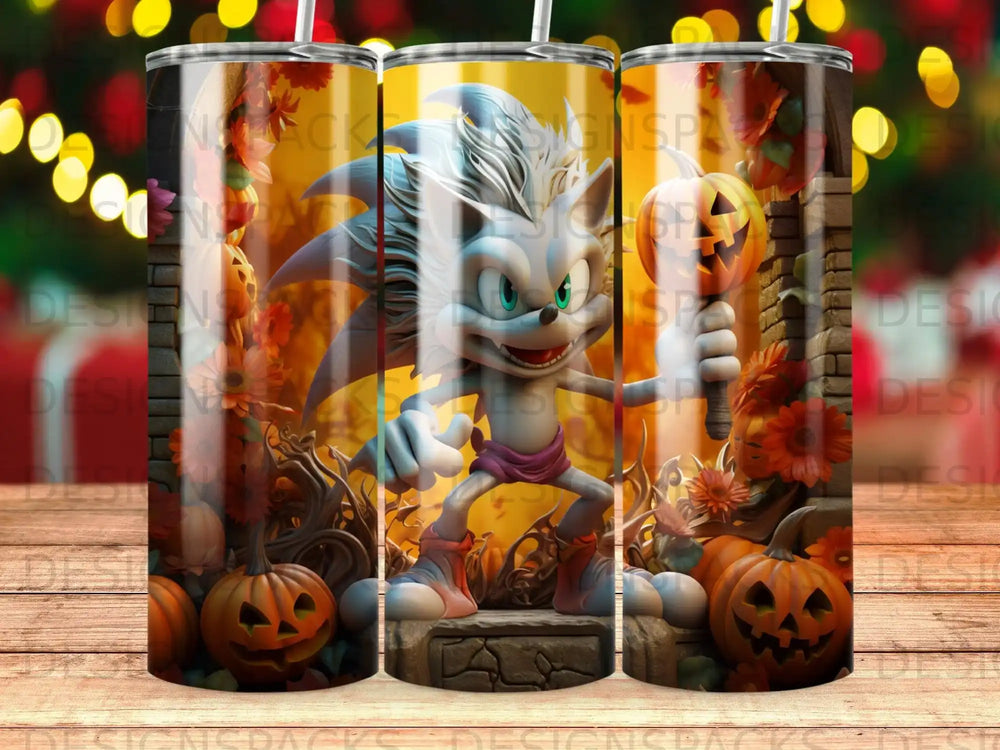 Sonic the Hedgehog in Halloween costume with pumpkins and jack-o'-lanterns.