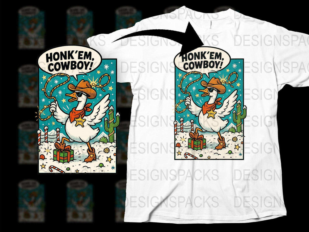 Cowboy Chicken Cartoon T-Shirt, Funny Farm Animal Honk'em Graphic Tee, Unisex White Shirt