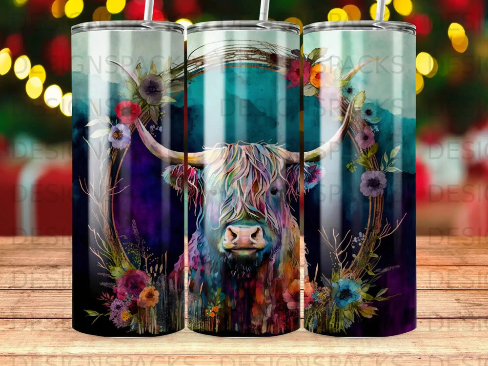 Highland cow with floral wreath on abstract background.