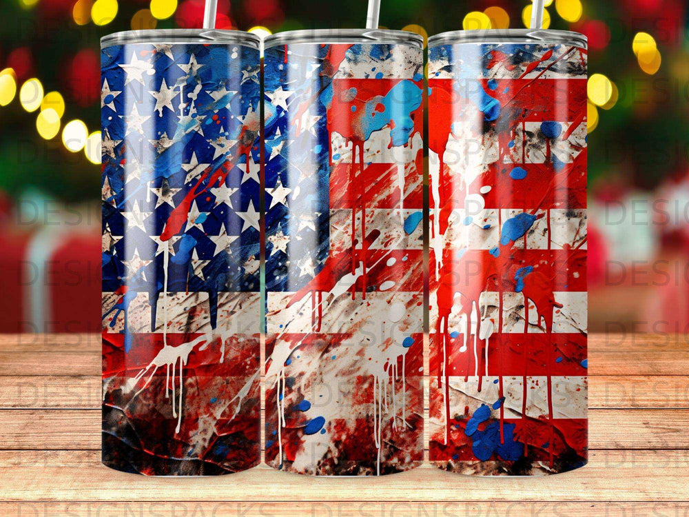 American flag design with paint splatters on a tumbler.