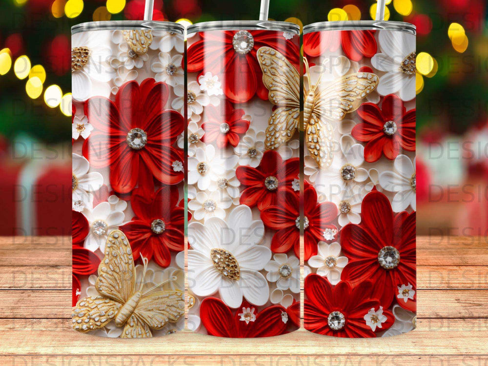 Red and white floral pattern with gold butterflies on a tumbler.
