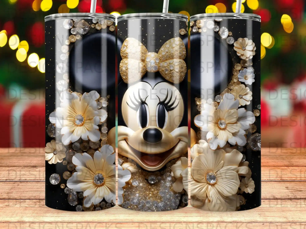 Minnie Mouse surrounded by flowers and glitter, set on a black background.