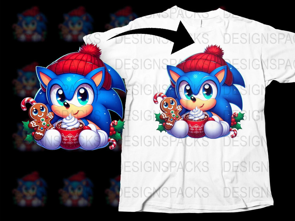 Kids Holiday T-Shirt, Cartoon Blue Hedgehog, Christmas Cookie Design, Red Hat Outfit, Festive Graphic Tee for Children