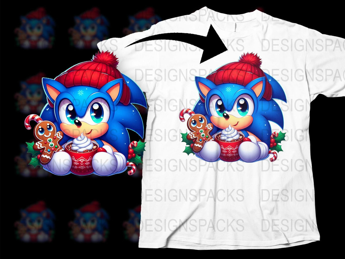 Kids Holiday T-Shirt, Cartoon Blue Hedgehog, Christmas Cookie Design, Red Hat Outfit, Festive Graphic Tee for Children