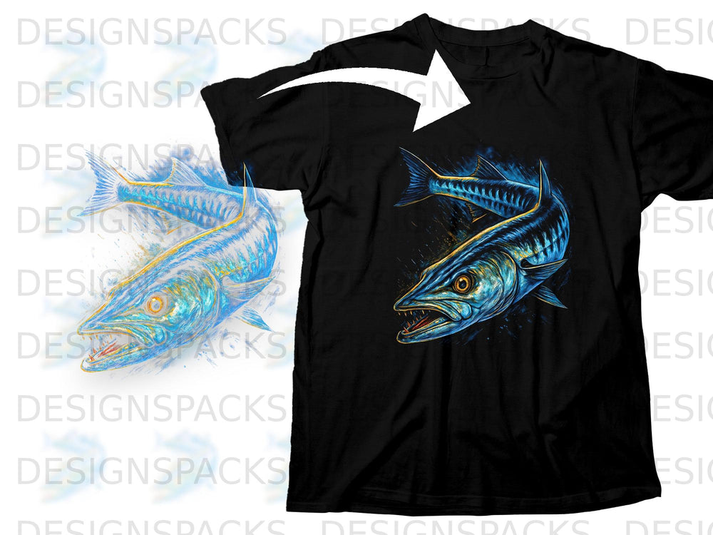 Black t-shirt with a vibrant blue and yellow mackerel graphic.
