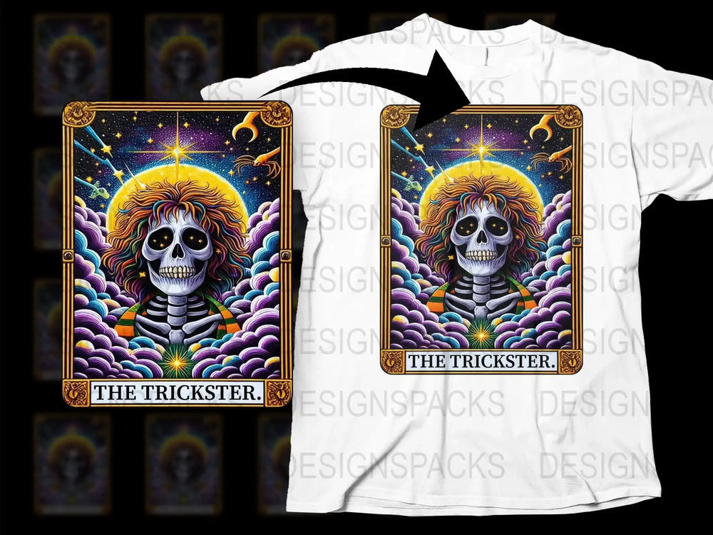 Tarot Card T-Shirt, The Trickster Skull Design, Psychedelic Art Tee, Celestial Stars Graphic Shirt