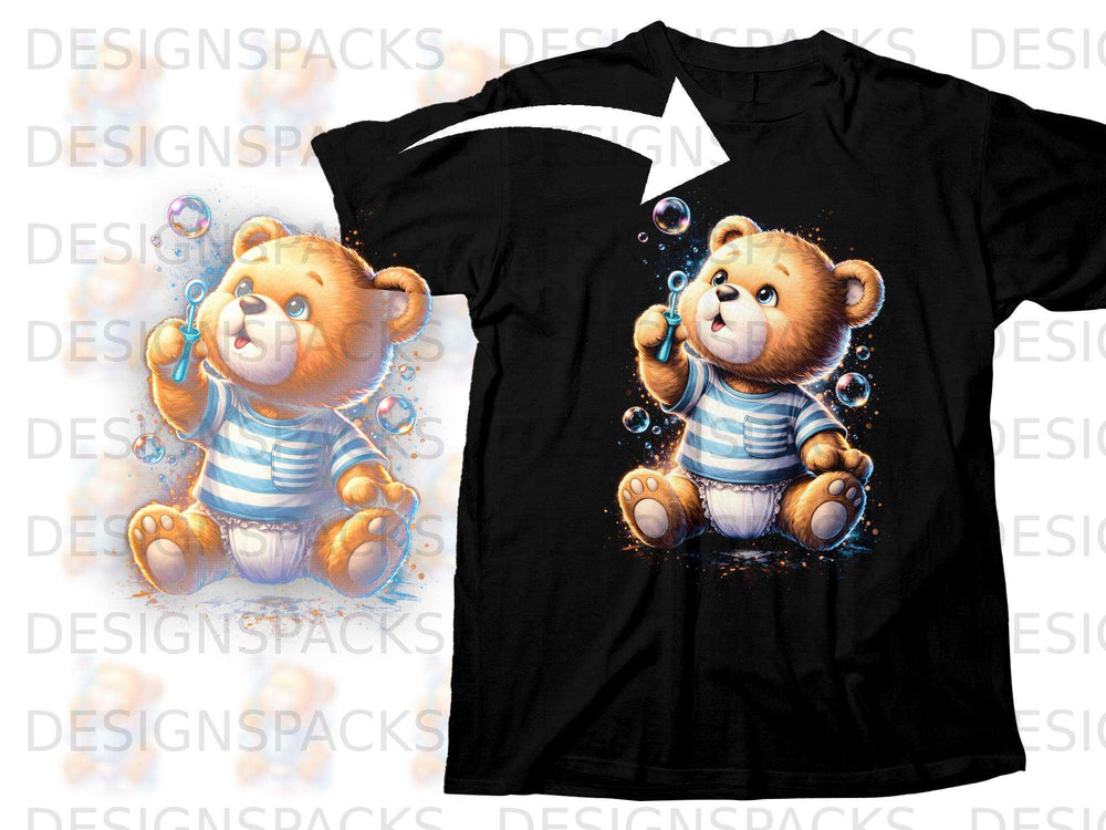 Cartoon teddy bear blowing bubbles on a black t-shirt.