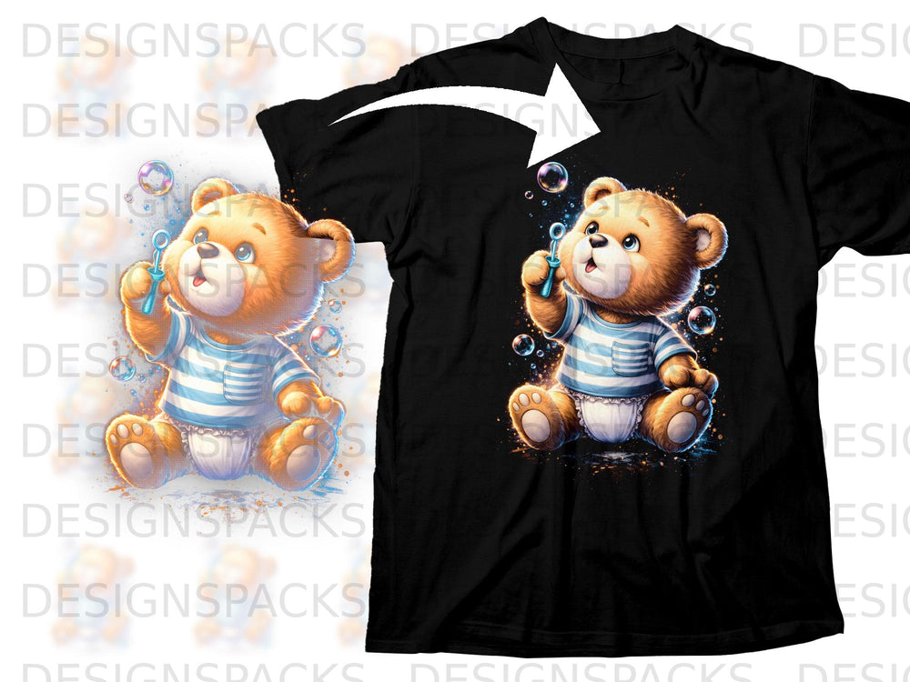 Cartoon teddy bear blowing bubbles on a black t-shirt.