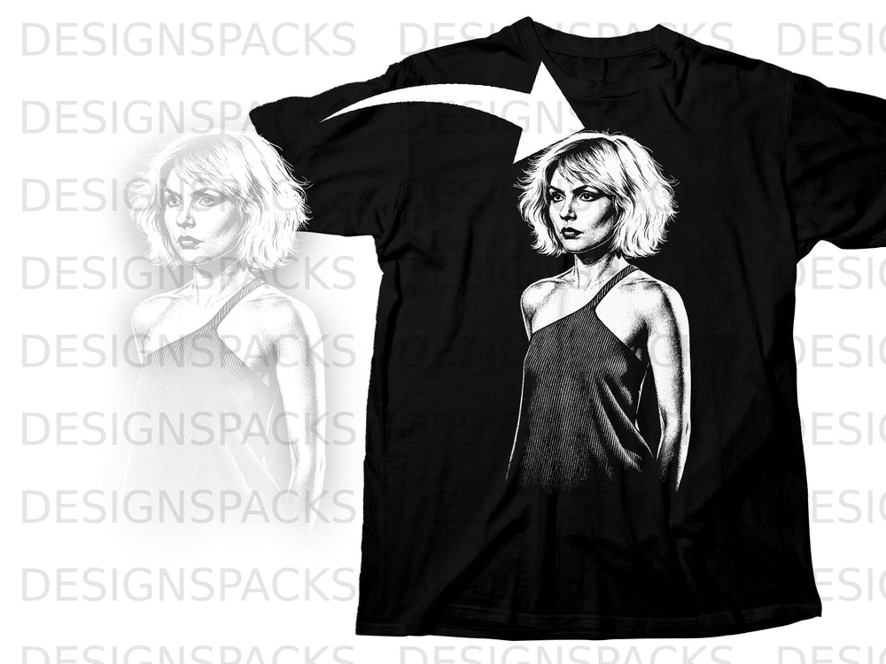 Black t-shirt with a white graphic of Debbie Harry and a subtle overlayed ghosted image.