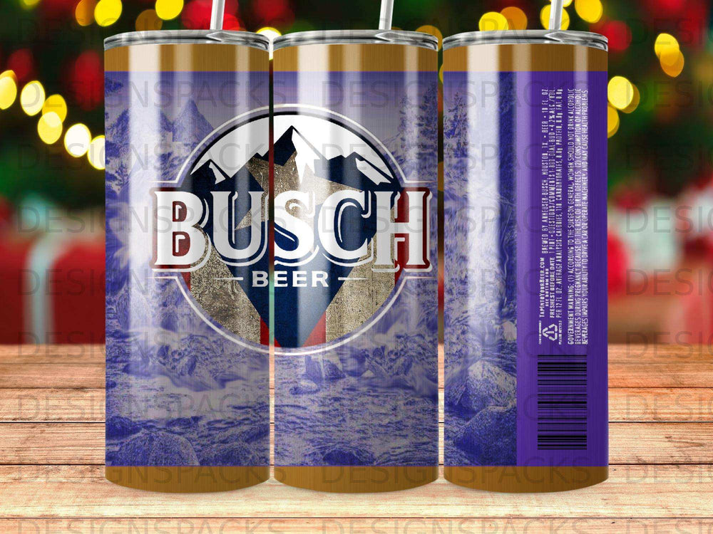 Busch Beer tumbler with mountain and forest design.
