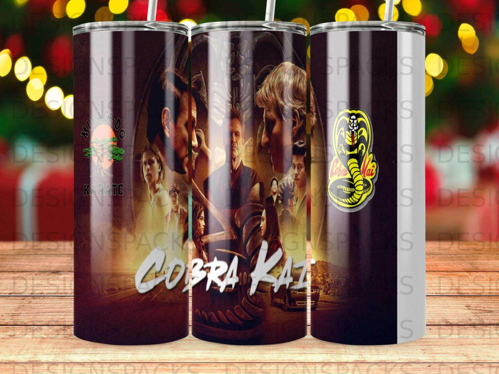 Cobra Kai logo and characters on a tumbler.