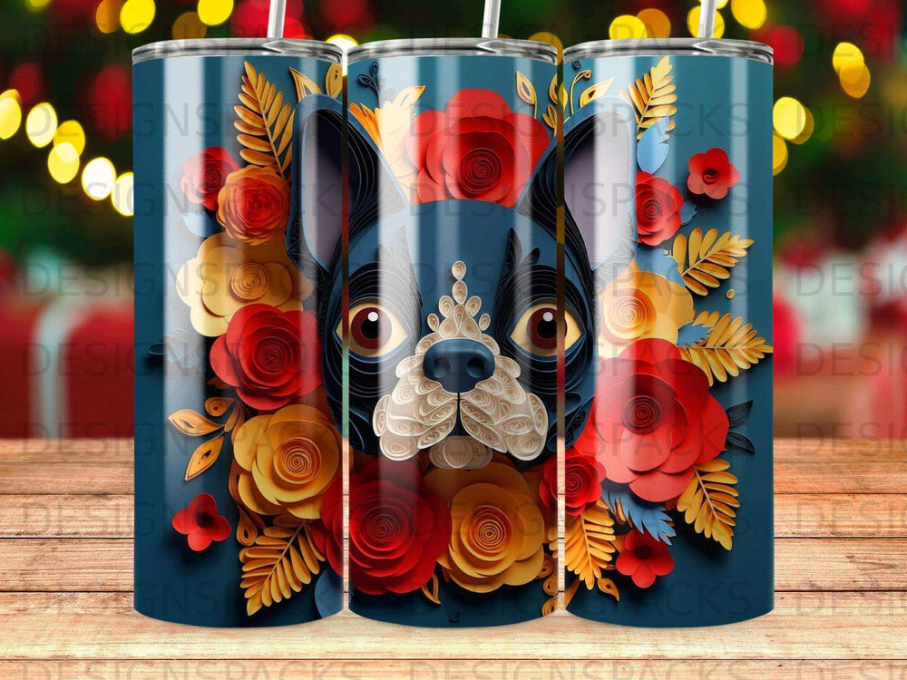 Boston Terrier face surrounded by red and yellow paper flowers and gold leaves.