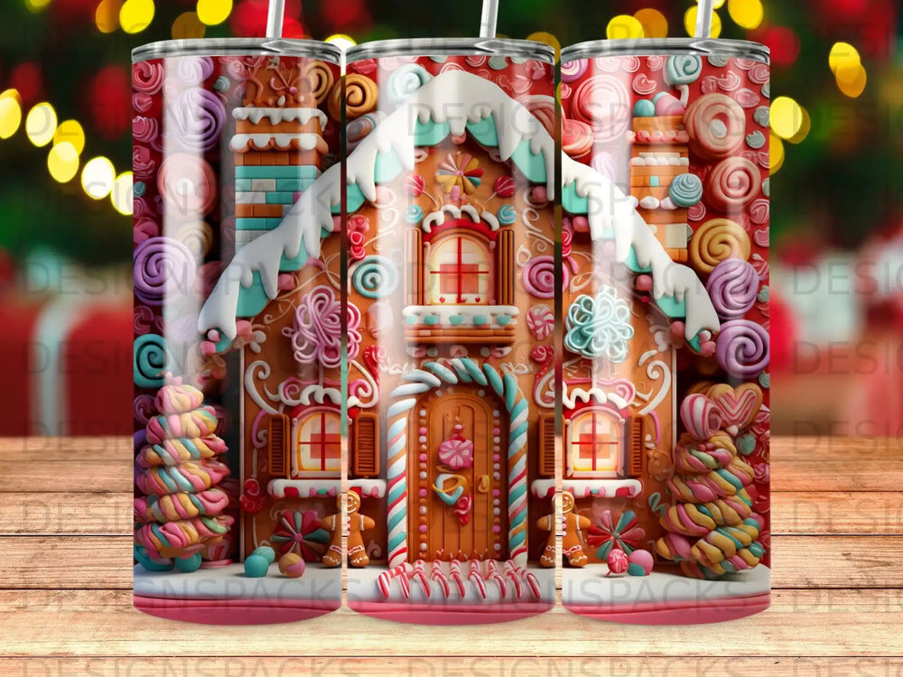 Gingerbread house with colorful candy decorations and icing accents.