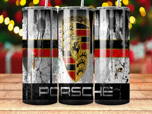 Porsche crest and logo on a black and distressed silver tumbler.