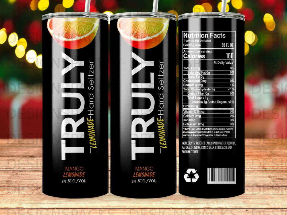 Two cans of Truly Mango Lemonade Hard Seltzer, one with nutrition facts.