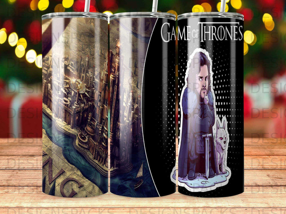 Game of Thrones tumbler with dragon illustration and castle design.