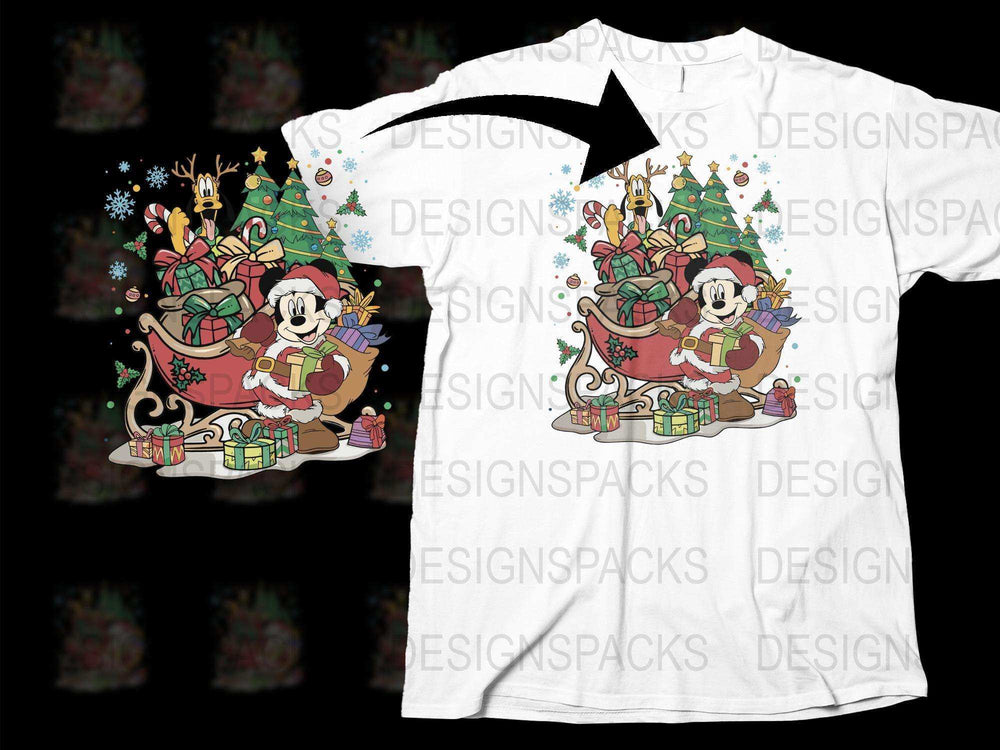 Festive Christmas T-Shirt with Cartoon Reindeer and Santa Sleigh Design, Holiday Apparel for Family