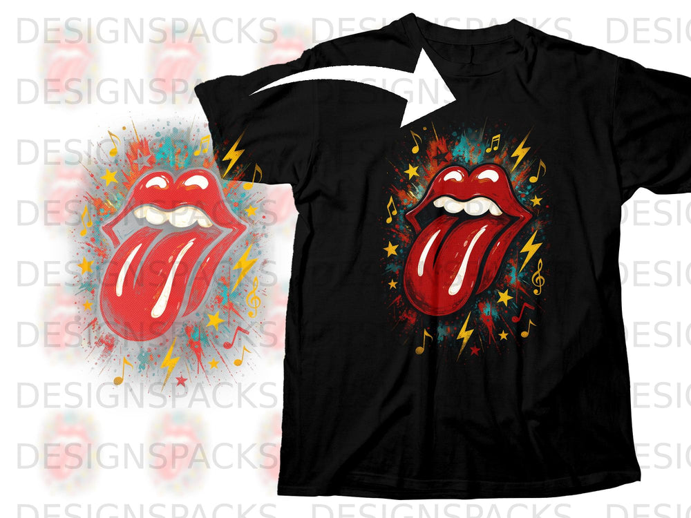 Black t-shirt with a colorful graphic of red lips and tongue, stars, and musical notes.