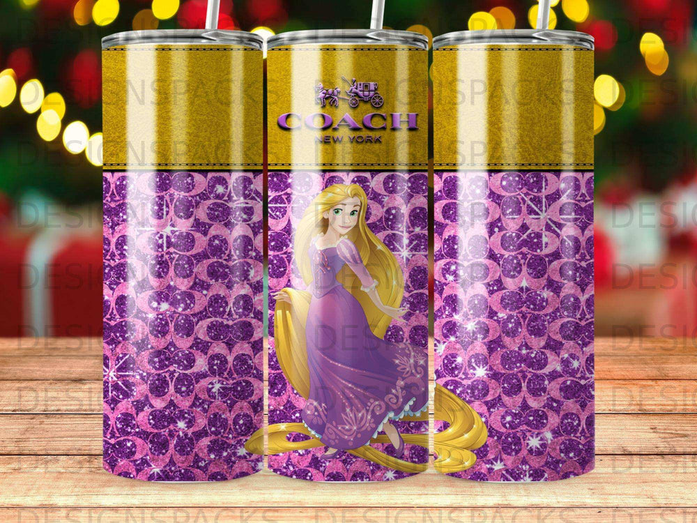 Coach New York Rapunzel tumbler with purple glitter and logo pattern.