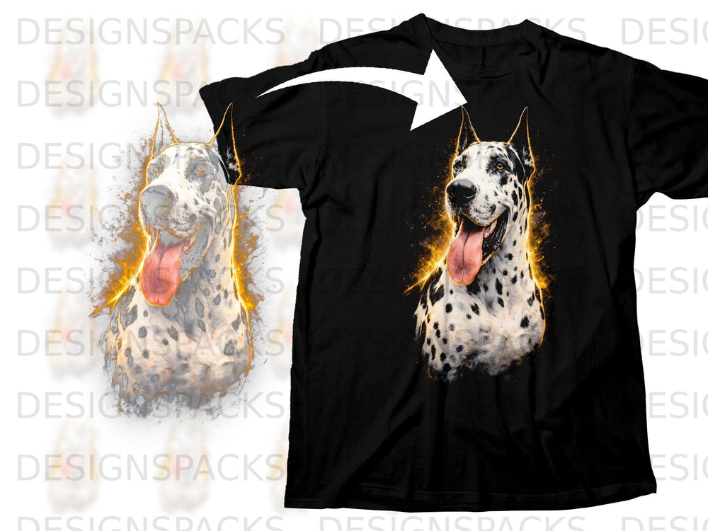 Black t-shirt with a Great Dane dog graphic featuring bright, fiery accents.